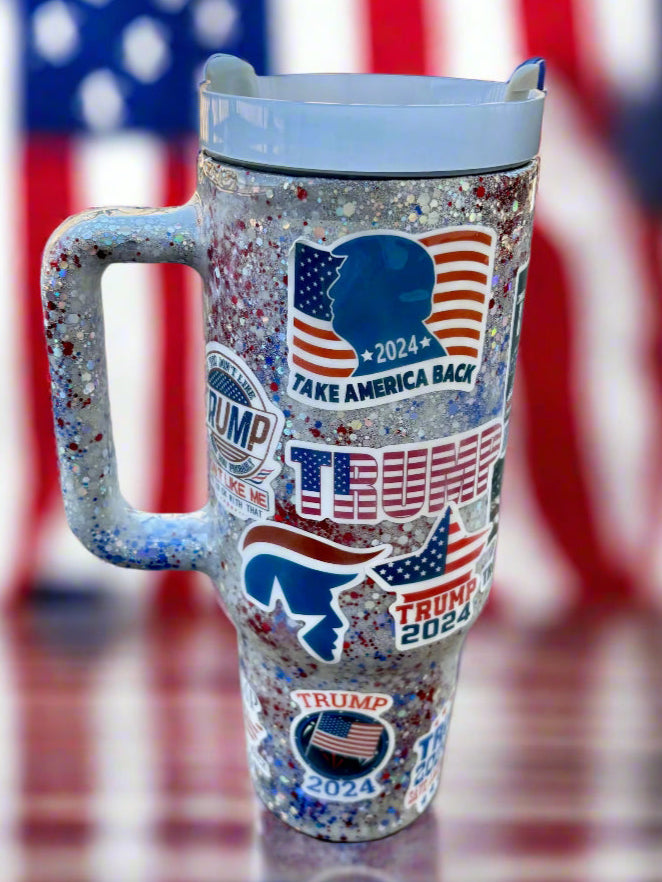 Special Edition Trump Cup Red White & Blue Glitter Trump 2024 With Handle Trump