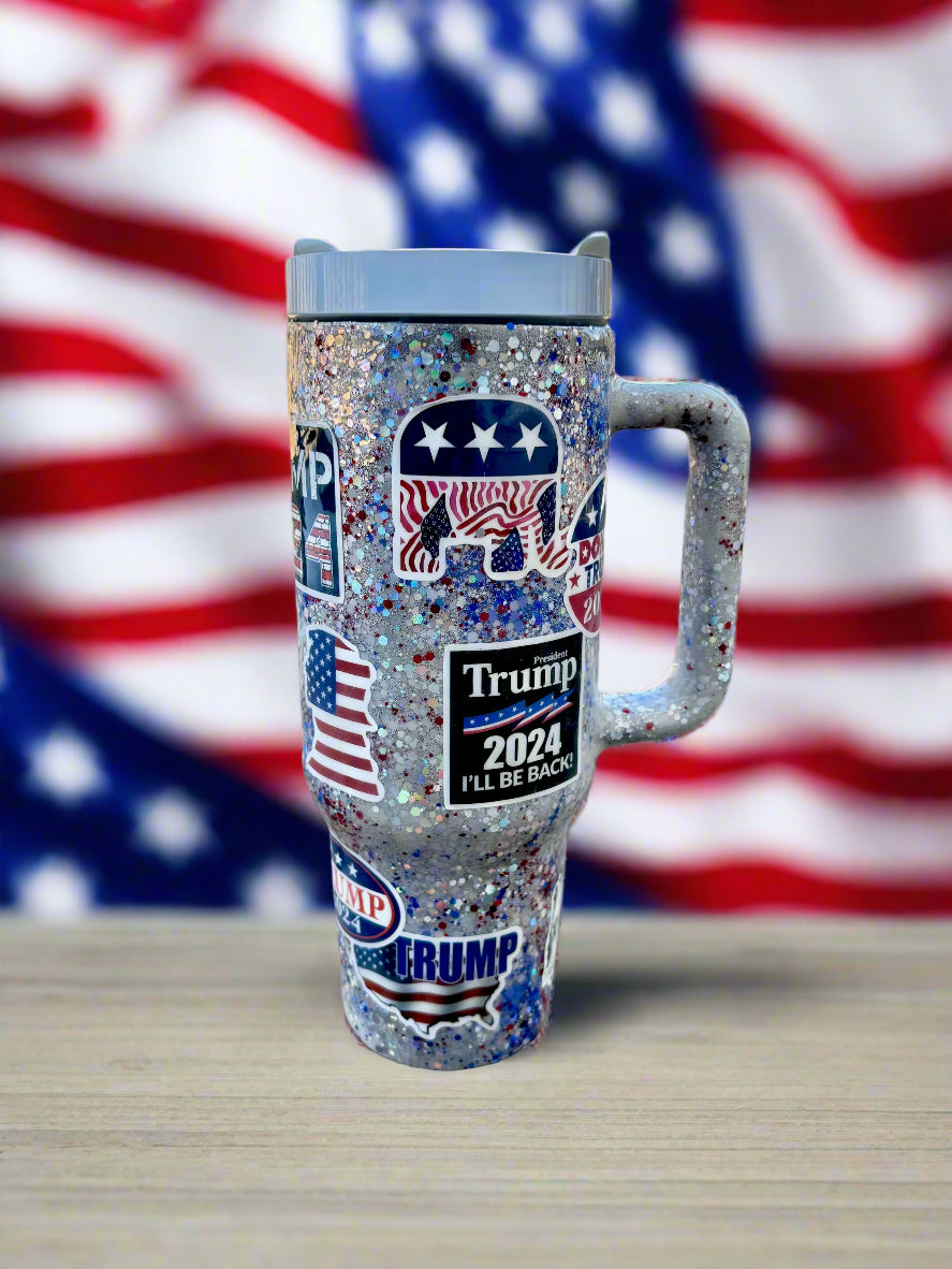 Special Edition Trump Cup Red White & Blue Glitter Trump 2024 With Handle Trump