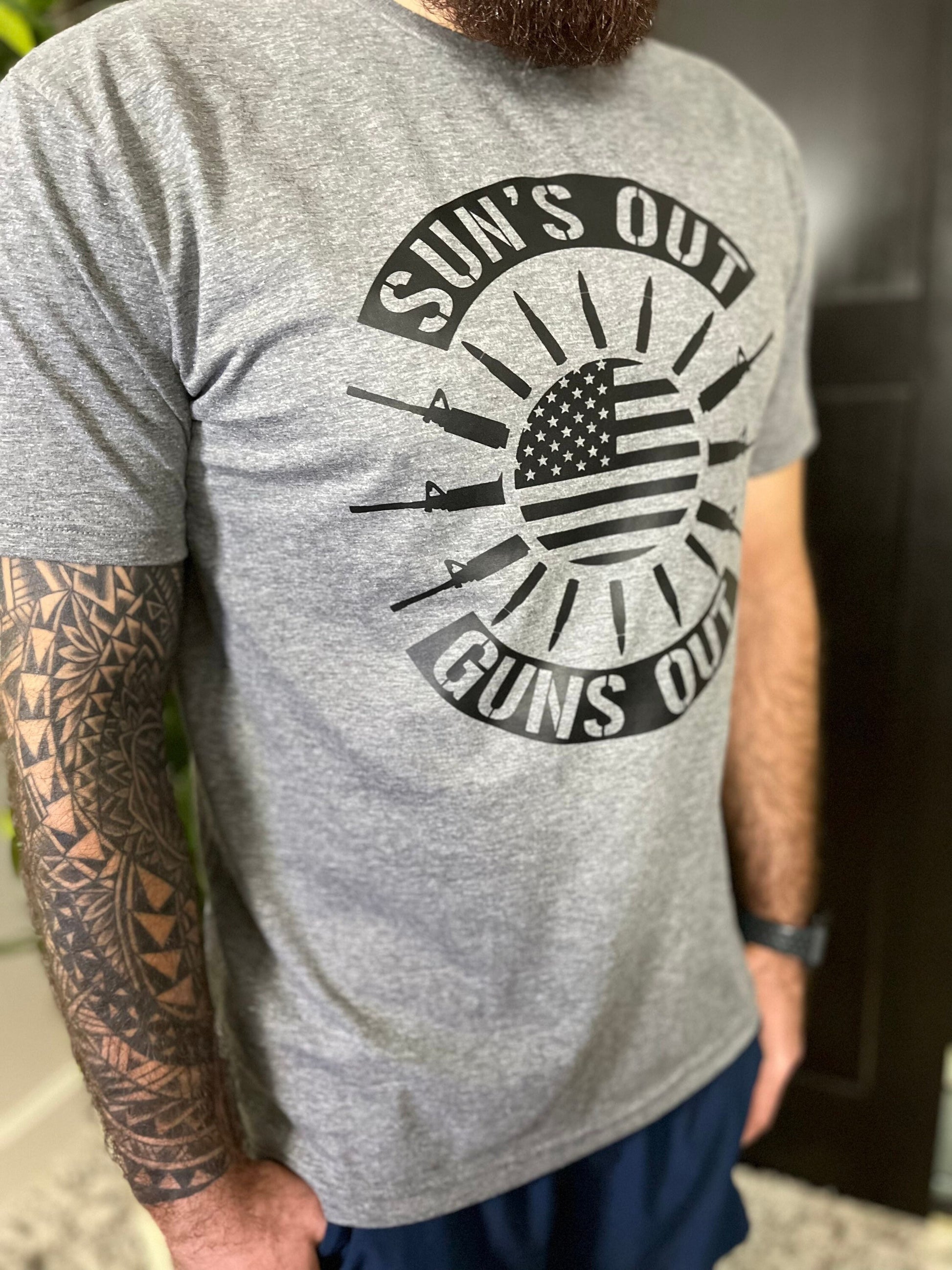 Suns out guns out shirt Sunshine Sun Blue line shirt America Shirt Flag shirt Military shirt Police Shirt