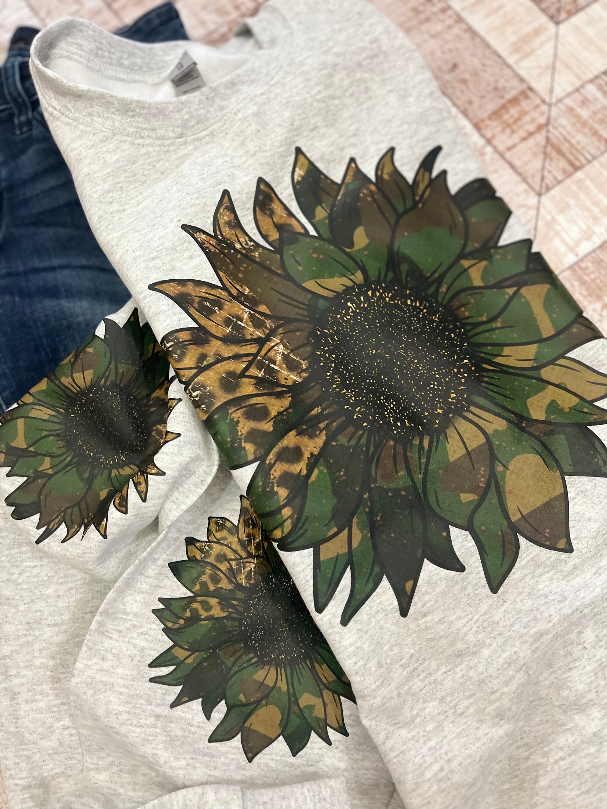 Sunflower Zip up Hoodie Bleached Sunflower Camo Leopard Sunflower Shirt Leopard Cheetah T-shirt Sunflowers Floral shirt Stone Ash Grey