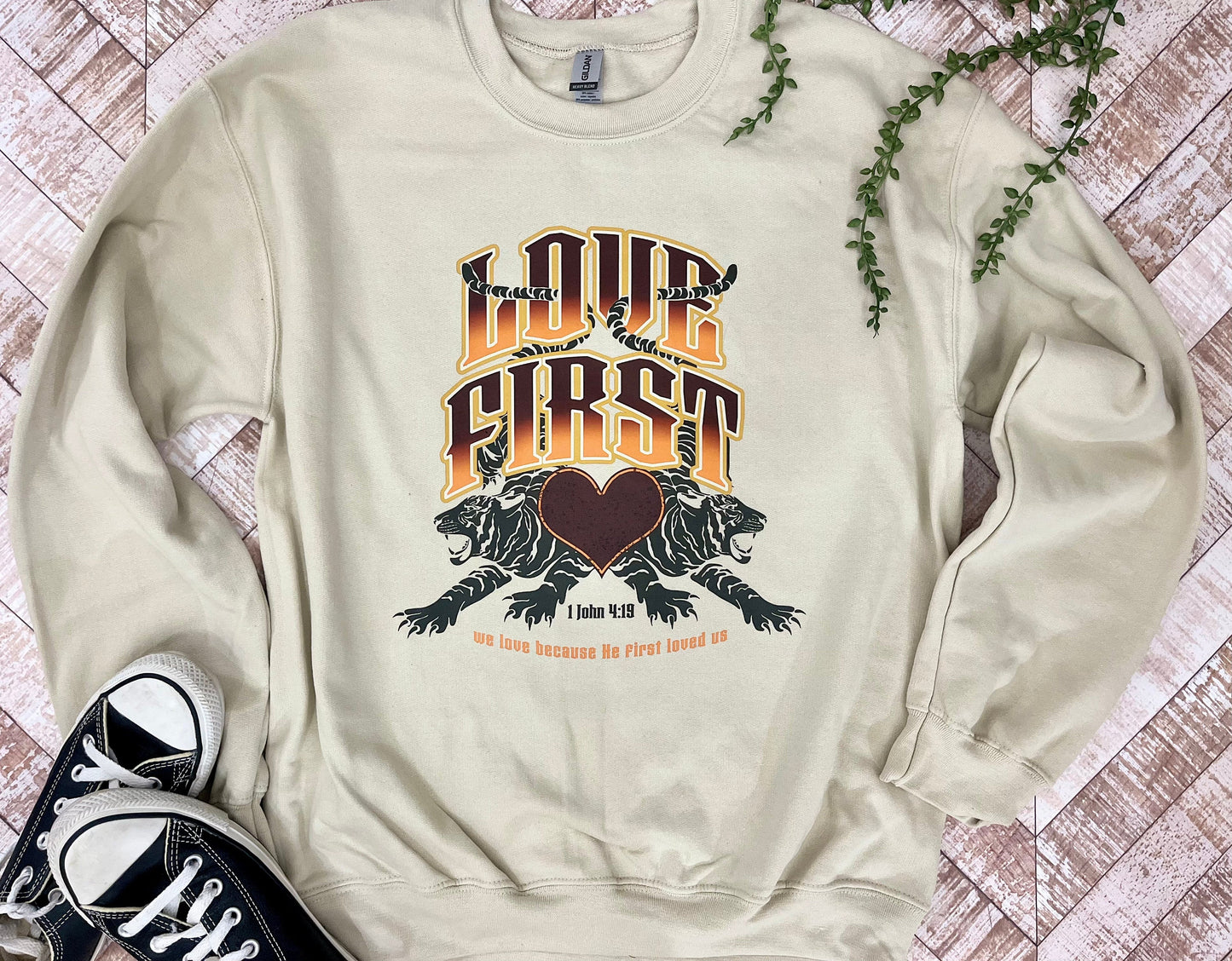 Graphic Tee Shirt Graphic Hoodie We Love Because He Loved Us First Shirt Baptism Gift Faith Based Clothing Christian Apparel Scripture